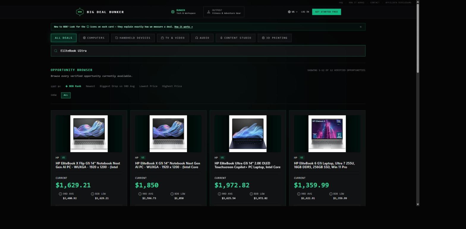 The real BDB Deal Browser, showing a grid of qualified deals including a premium HP EliteBook laptop, each with current price, 90-day average, and BDB Low